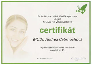 Certifikt IPL laser MUDr. Andrea CABRNOCHOV